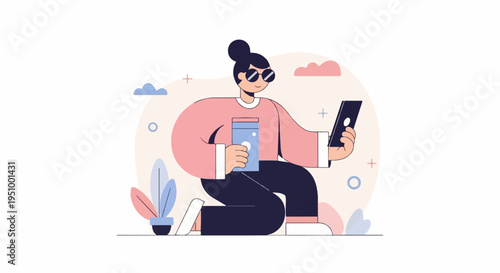 Stylized woman with sunglasses, coffee cup, and phone, sitting outdoors