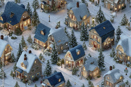Winter village with snow covered houses and pine trees, cozy warm lights glowing from windows, peaceful festive atmosphere in seamless isometric pattern