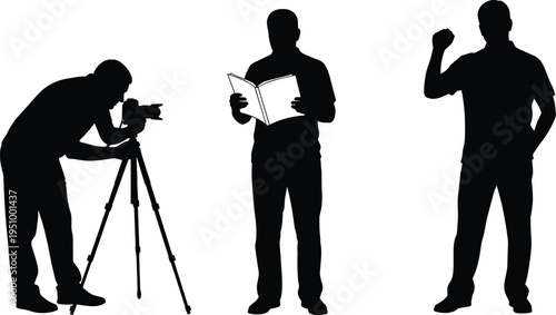 Black Silhouette Vector of Professional Male Photographer with Camera on Tripod Man Reading Book and Person Presenting on White Background