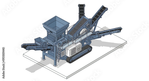 Isometric illustration of a mobile crushing machine with conveyor belts and tracks, designed for industrial material processing.