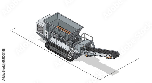 Isometric illustration of a mobile tracked trommel screen machine for sorting and screening materials.