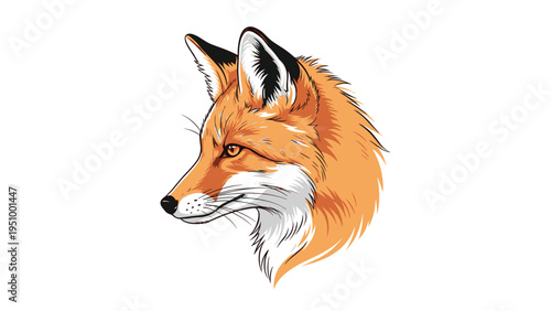 Detailed profile illustration of a red fox head with vibrant fur colors and alert expression on a solid white background for design use.