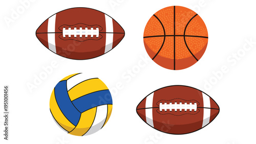Collection of four popular sports balls including American football, basketball, volleyball, and rugby ball isolated on white background.