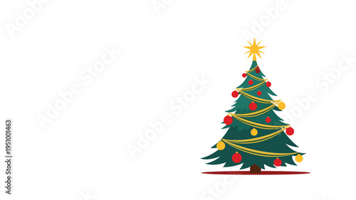 Beautifully decorated green Christmas tree with a golden star on top and red and yellow ornaments standing on the right side of the frame.