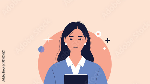 Professional portrait of a smiling young woman with dark hair and blue shirt against an abstract circular background with graphic icons.