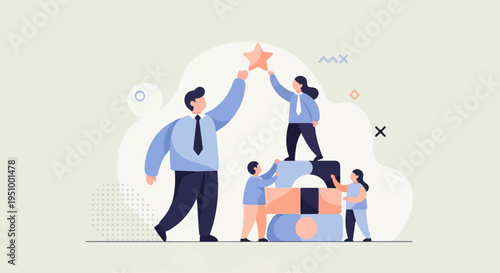 Teamwork achieves success with a shared goal of reaching a star