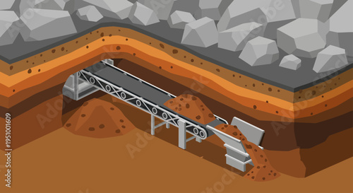 Cross-section view of a construction site showing layers of earth, a conveyor belt system transporting soil and gravel, and large rocks on the surface.