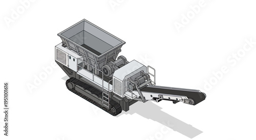Isometric illustration of a mobile tracked crushing machine with a large hopper and conveyor belt, designed for industrial material processing.