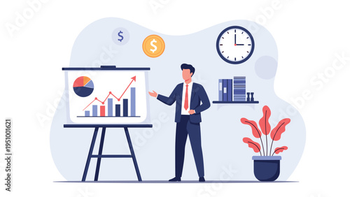 Successful businessman in a suit stands next to a presentation board showing positive financial growth and data analysis.