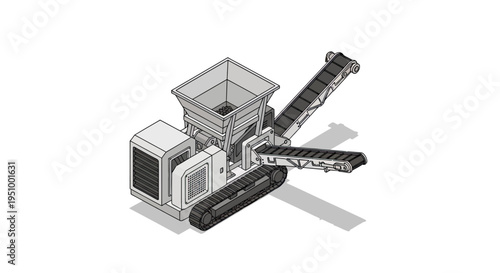 Isometric illustration of a compact industrial shredder machine with conveyor belts and tracks, designed for waste processing and material reduction.
