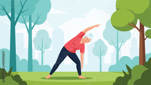 Active senior woman wearing a red shirt practices yoga and stretching exercises outdoors in a beautiful city park setting.