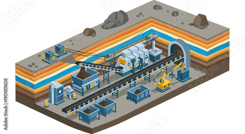 Isometric illustration of an underground mining operation with conveyor belts, excavators, and processing machinery.