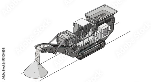 Illustration of a mobile crushing and screening machine processing aggregate on a road.