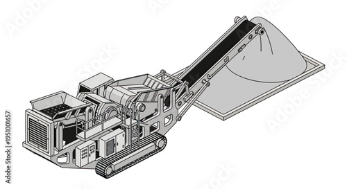 Isometric illustration of a mobile crushing and screening machine with a conveyor belt depositing material onto a pile.