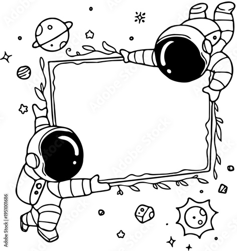 Space exploration frame with astronauts reaching for stars and planets