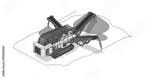 Isometric illustration of a mobile crushing machine with conveyor belts processing aggregate material on a construction site.