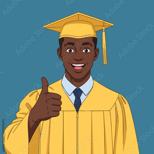Happy graduate in yellow cap and gown giving a thumbs-up