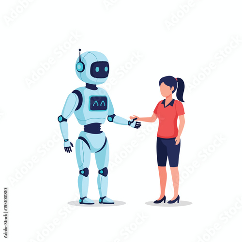 A friendly robot shakes hands with a woman