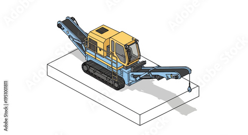 Mobile tracked crushing machine with conveyor belts for material processing on a concrete slab.