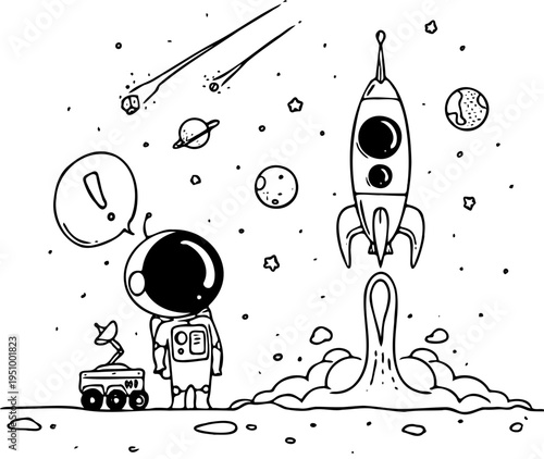 Astronaut and Rocket Launching into Space with Planets and Stars