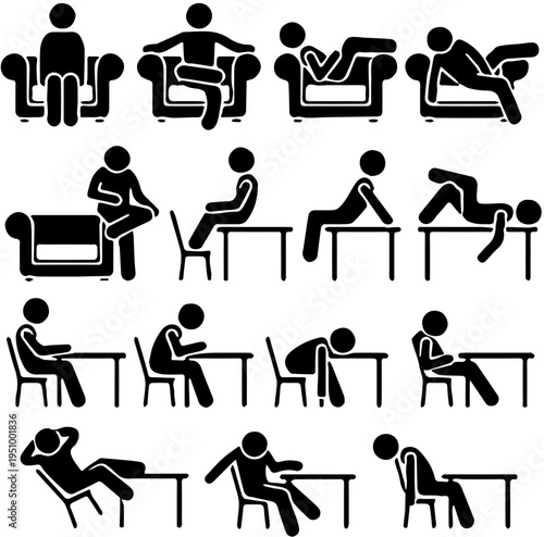 Diverse collection of pictogram figures in various seating and reclining poses illustrating relaxation, work, and casual activities