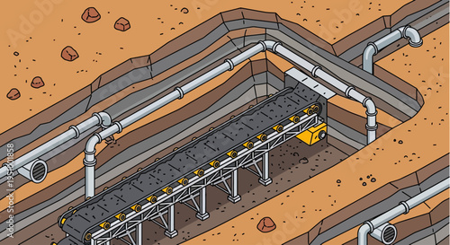 Isometric illustration of an underground mining operation featuring a conveyor belt system and various pipes for resource transport.