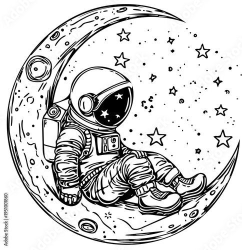Astronaut resting on the crescent moon surrounded by stars, illustration