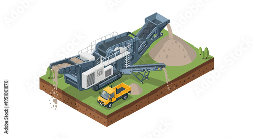 Isometric illustration of a mobile crushing plant processing aggregate materials on a construction site with a small truck nearby.