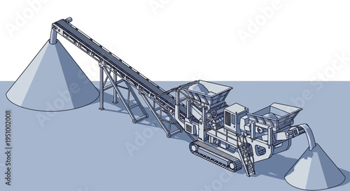 An isometric illustration of a mobile crushing and screening plant, showing material being fed in and processed into aggregate.