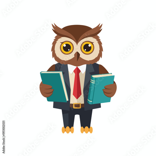 Cartoon owl in a suit holds two teal books, standing with scholarly demeanor