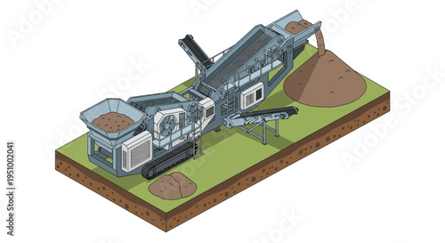 Isometric illustration of a mobile crushing machine processing soil and aggregate on a construction site.