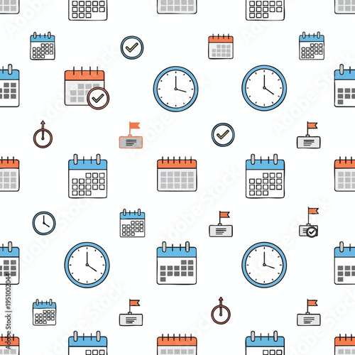 Seamless pattern of calendars, clocks, checkmarks, and flags on white background