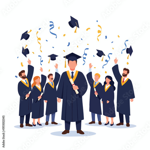 Graduates in caps and gowns throw hats and diplomas in the air amidst confetti