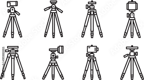 Various camera tripods and accessories for photography and videography Vector