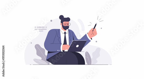 Stylized person with beard, glasses, suit, laptop, and magic wand
