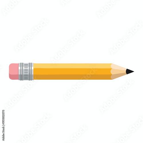 A yellow pencil with a pink eraser, grey metal ferrule, and sharpened graphite tip