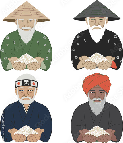 Traditional Asian farmer vector set, old men holding white rice grains, cultural agriculture and harvest illustration
