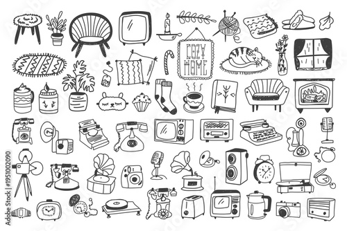 Cozy home hand drawn doodle set. Hygge and vintage retro icon collection