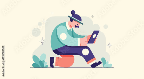 Stylized person with bun and mustache using a tablet