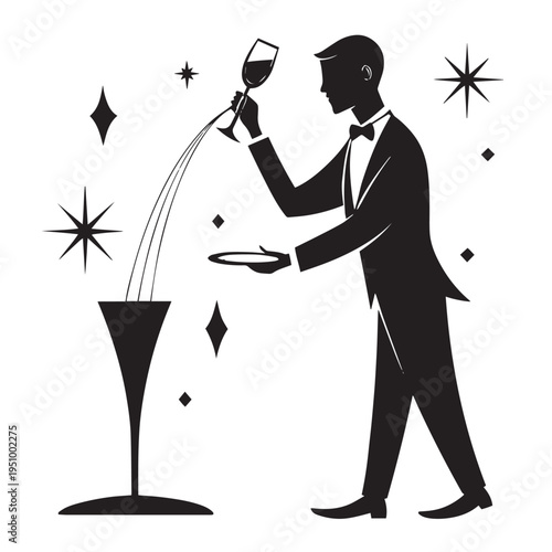 Waiter in tuxedo pouring champagne into glass with sparkling stars symbolizing celebration and luxury event
