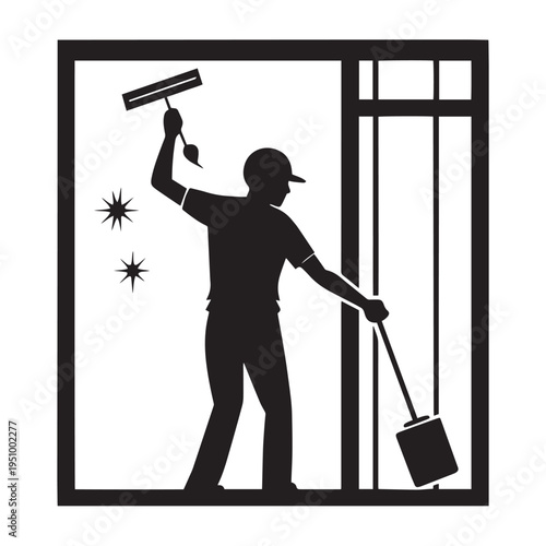 Window cleaner with squeegee and brush cleaning glass, sparkling clean, professional service