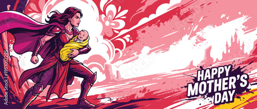 Mother Heroic Mother Carrying Baby Dynamic Fantasy Art Mothers Day