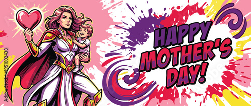 Mothers Day Supermom with Child Love and Celebration Banner Design