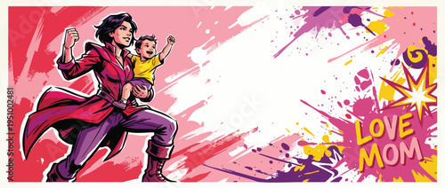 Mothers Day Dynamic Heroic Pose with Mother and Toddler