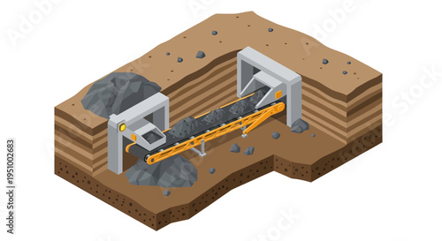 Isometric illustration of a coal mining operation with a conveyor belt system extracting resources from layered earth.