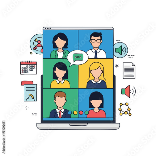 Video conference of six diverse people on a laptop screen, with icons