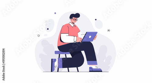 Stylized person with glasses uses a laptop while sitting on a stool