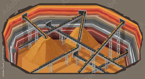 Cross-section view of an open-pit mine showing layered geological strata and conveyor belts transporting extracted materials.