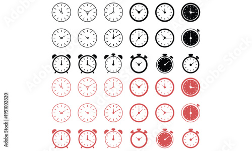 Clock and time icons set with various styles showing time measurement concept