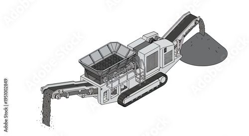 Illustration of a mobile crushing machine with a conveyor belt system for processing materials, showing input hopper and output pile.